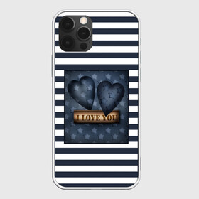 Чехол для iPhone 12 Pro Max с принтом Я тебя люблю в Кировске, Силикон |  | влюбленным | для любимого | любовь | полосатый узор | ретро | сердце | синий | темно синий