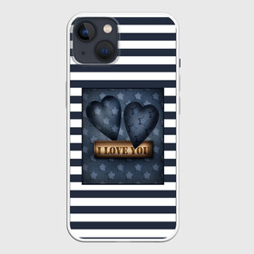Чехол для iPhone 13 с принтом Я тебя люблю в Кировске,  |  | Тематика изображения на принте: влюбленным | для любимого | любовь | полосатый узор | ретро | сердце | синий | темно синий