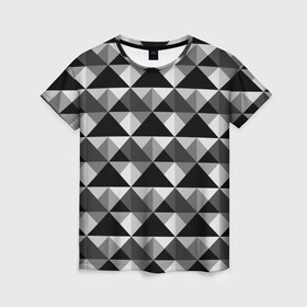 Женская футболка 3D с принтом Современный геометрический  в Кировске, 100% полиэфир ( синтетическое хлопкоподобное полотно) | прямой крой, круглый вырез горловины, длина до линии бедер | абстрактный | геометрический фигуры | модный | полигональный | популярный | треугольники | черно белый