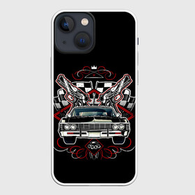Чехол для iPhone 13 mini с принтом МАШИНА в Кировске,  |  | корона | оружие | пистолет | тачка | флаг
