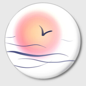 Значок с принтом Солнечный шар в Кировске,  металл | круглая форма, металлическая застежка в виде булавки | Тематика изображения на принте: sea | sun | закат | море | небо | птицы | солнце | чайки