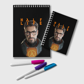 Блокнот с принтом HALF-LIFE | FREEMAN | ФРИМАН (Z) в Кировске, 100% бумага | 48 листов, плотность листов — 60 г/м2, плотность картонной обложки — 250 г/м2. Листы скреплены удобной пружинной спиралью. Цвет линий — светло-серый
 | aperture laboratories | black mesa | gordon freeman | half life | half life 3 | valve | блэк меса | вэлв | гордон фриман | халф лайф