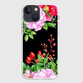 Чехол для iPhone 13 mini с принтом Цветущий шиповник на черном в Кировске,  |  | акварель | акварельный | вечерний | женственная | женственный | листья | плоды | цветочки | цветочный | цветы | черный | шиповник | ягоды