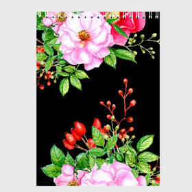 Скетчбук с принтом Цветущий шиповник на черном в Кировске, 100% бумага
 | 48 листов, плотность листов — 100 г/м2, плотность картонной обложки — 250 г/м2. Листы скреплены сверху удобной пружинной спиралью | Тематика изображения на принте: акварель | акварельный | вечерний | женственная | женственный | листья | плоды | цветочки | цветочный | цветы | черный | шиповник | ягоды