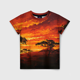 Детская футболка 3D с принтом АФРИКАНСКАЯ САВАННА в Кировске, 100% гипоаллергенный полиэфир | прямой крой, круглый вырез горловины, длина до линии бедер, чуть спущенное плечо, ткань немного тянется | африка | деревья | живопись | закат | засуха | искуство | облака | пейзаж | пустыня | рисунок | саванна