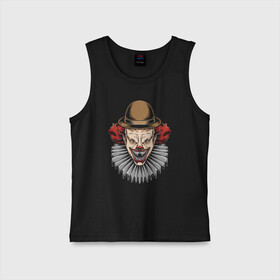 Детская майка хлопок с принтом The terrible clown в Кировске,  |  | clown | eyes | fangs | halloween | hat | holiday | horror | jabot | jaw | muzzle | nose | глаза | жабо | клоун | клыки | нос | пасть | праздник | ужас | хэллоуин | шляпа