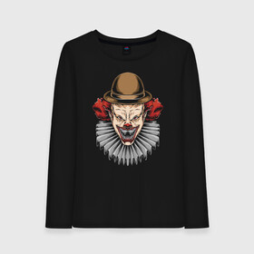 Женский лонгслив хлопок с принтом The terrible clown в Кировске, 100% хлопок |  | clown | eyes | fangs | halloween | hat | holiday | horror | jabot | jaw | muzzle | nose | глаза | жабо | клоун | клыки | нос | пасть | праздник | ужас | хэллоуин | шляпа