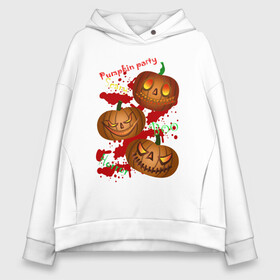 Женское худи Oversize хлопок с принтом Pumpkin party в Кировске, френч-терри — 70% хлопок, 30% полиэстер. Мягкий теплый начес внутри —100% хлопок | боковые карманы, эластичные манжеты и нижняя кромка, капюшон на магнитной кнопке | брызги крови | буу | желтый | жуткий | зловещий | красный | крик | кровь | мистика | ночь ужасов | оранжевый | тыква | ужас | хэллоуин