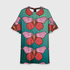 Детское платье 3D с принтом Зеленый принт с бабочками :) в Кировске, 100% полиэстер | прямой силуэт, чуть расширенный к низу. Круглая горловина, на рукавах — воланы | бабочки | градиент | графический | грустный | зеленый | меланхолия | насекомые | ретро | розовый | странный