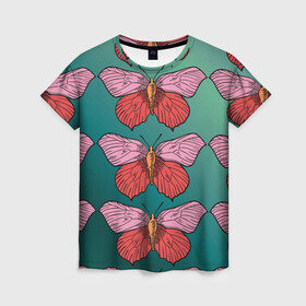 Женская футболка 3D с принтом Зеленый принт с бабочками :) в Кировске, 100% полиэфир ( синтетическое хлопкоподобное полотно) | прямой крой, круглый вырез горловины, длина до линии бедер | бабочки | градиент | графический | грустный | зеленый | меланхолия | насекомые | ретро | розовый | странный