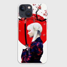 Чехол для iPhone 13 mini с принтом НАД ВЕТВЯМИ САКУРЫ в Кировске,  |  | ветви | девушка | катана | кунаичи | сакура | самурай | солнце | флаг | япония