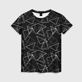 Женская футболка 3D с принтом Черно-белый геометрический  в Кировске, 100% полиэфир ( синтетическое хлопкоподобное полотно) | прямой крой, круглый вырез горловины, длина до линии бедер | абстрактный | геометрические фигуры | монохромный | мужской | треугольники | черный и белый | черный фон