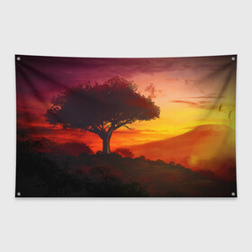 Флаг-баннер с принтом СОЛНЦЕ НАД АФРИКОЙ в Кировске, 100% полиэстер | размер 67 х 109 см, плотность ткани — 95 г/м2; по краям флага есть четыре люверса для крепления | африка | дерево | живопись | облака | пейзаж | рассвет | рисунок | саванна