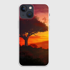 Чехол для iPhone 13 mini с принтом СОЛНЦЕ НАД АФРИКОЙ в Кировске,  |  | африка | дерево | живопись | облака | пейзаж | рассвет | рисунок | саванна