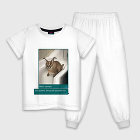 Детская пижама хлопок с принтом Шлёпа в Кировске, 100% хлопок |  брюки и футболка прямого кроя, без карманов, на брюках мягкая резинка на поясе и по низу штанин
 | каракал | кот | мемы | русский кот | рысь | шлёпа