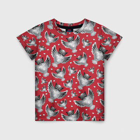 Детская футболка 3D с принтом Серебряные совы в Кировске, 100% гипоаллергенный полиэфир | прямой крой, круглый вырез горловины, длина до линии бедер, чуть спущенное плечо, ткань немного тянется | красное с серым | птицы | серебро | совы | талисман | украшение