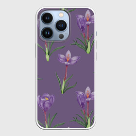 Чехол для iPhone 13 Pro с принтом Цветы шафрана на фиолетовом в Кировске,  |  | 8 марта | flowers | march 8 | spring | ботаническая иллюстрация | весна | день рождения | зеленый | лето | любовь | праздник | принт | природа | растения | фиолетовый | цветы | шафран