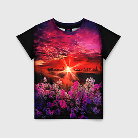 Детская футболка 3D с принтом МАЛИНОВЫЙ ЗАКАТ в Кировске, 100% гипоаллергенный полиэфир | прямой крой, круглый вырез горловины, длина до линии бедер, чуть спущенное плечо, ткань немного тянется | деревья | лес | луг | лучи | небо | облака | пейзаж | поле | природа | рисунок | солнце | цветы
