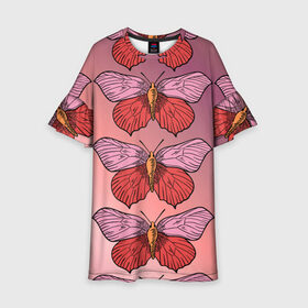 Детское платье 3D с принтом Розовый принт с бабочками  в Кировске, 100% полиэстер | прямой силуэт, чуть расширенный к низу. Круглая горловина, на рукавах — воланы | бабочки | градиент | грустый | меланхолия | мотылек | насекомые | розовый | цветочки