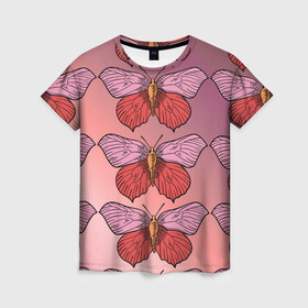 Женская футболка 3D с принтом Розовый принт с бабочками  в Кировске, 100% полиэфир ( синтетическое хлопкоподобное полотно) | прямой крой, круглый вырез горловины, длина до линии бедер | бабочки | градиент | грустый | меланхолия | мотылек | насекомые | розовый | цветочки