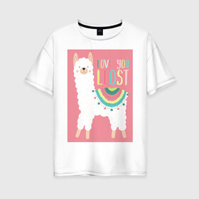 Женская футболка хлопок Oversize с принтом Милашка лама в Кировске, 100% хлопок | свободный крой, круглый ворот, спущенный рукав, длина до линии бедер
 | kawaii | pink | домашние животные | звери | лама | мило | надпись | пончо | радуга | розовый | румяна | ферма | фермерские животные