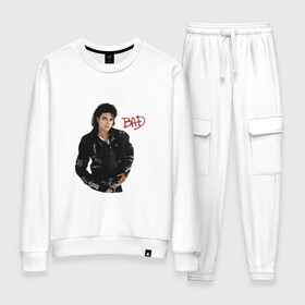 Женский костюм хлопок с принтом BAD. Майкл Джексон в Кировске, 100% хлопок | на свитшоте круглая горловина, мягкая резинка по низу. Брюки заужены к низу, на них два вида карманов: два 
