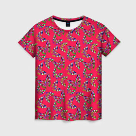 Женская футболка 3D с принтом Бабочки на красном в Кировске, 100% полиэфир ( синтетическое хлопкоподобное полотно) | прямой крой, круглый вырез горловины, длина до линии бедер | веселый узор | весенний | детский | для девочек | красный | летний | лето | малышам | разноцветный узор