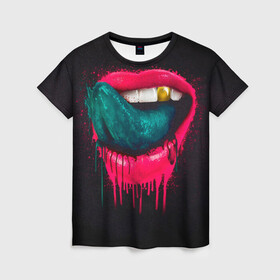 Женская футболка 3D с принтом Ядовитый поцелуй в Кировске, 100% полиэфир ( синтетическое хлопкоподобное полотно) | прямой крой, круглый вырез горловины, длина до линии бедер | арт | губы | иллюстрация | улыбка | язык