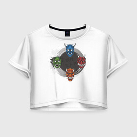 Женская футболка Crop-top 3D с принтом Маски Они в Кировске, 100% полиэстер | круглая горловина, длина футболки до линии талии, рукава с отворотами | аниме | маска | мистика | они | праздник | хэллоуин | япония
