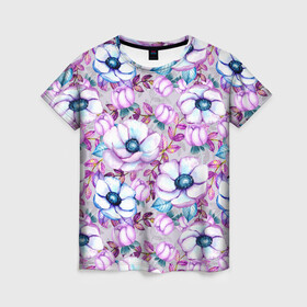 Женская футболка 3D с принтом Анемоны - цветочный ковер в Кировске, 100% полиэфир ( синтетическое хлопкоподобное полотно) | прямой крой, круглый вырез горловины, длина до линии бедер | акварель | акварельный | анемон | анемоны | ковер | листья | сиреневый | цветочки | цветочный | цветы