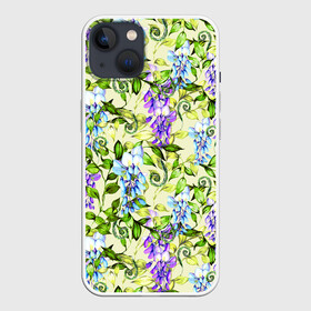 Чехол для iPhone 13 с принтом Глициния на бежевом фоне в Кировске,  |  | акварель | акварельный | беж | бежевый | глициния | женственная | женственный | листва | листья | сад | цветочки | цветочный | цветы