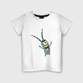 Детская футболка хлопок с принтом Планктон! в Кировске, 100% хлопок | круглый вырез горловины, полуприлегающий силуэт, длина до линии бедер | букашка | злобный учёный | одноглазый | планктон | улыбка. | шелдон джей