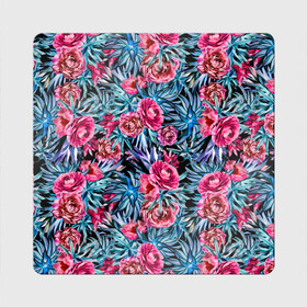 Магнит виниловый Квадрат с принтом Тропические цветы  в Кировске, полимерный материал с магнитным слоем | размер 9*9 см, закругленные углы | летний | розовый | синий | тропический узор | цветочный узор | цветы | экзотические цветы