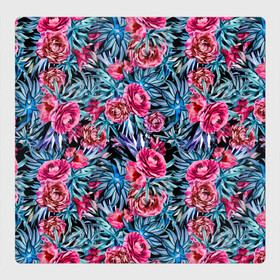 Магнитный плакат 3Х3 с принтом Тропические цветы  в Кировске, Полимерный материал с магнитным слоем | 9 деталей размером 9*9 см | летний | розовый | синий | тропический узор | цветочный узор | цветы | экзотические цветы