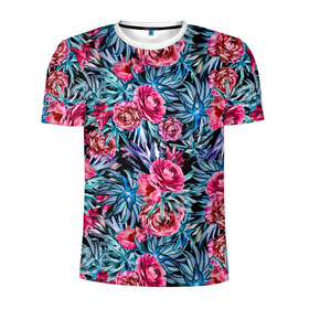 Мужская футболка 3D спортивная с принтом Тропические цветы  в Кировске, 100% полиэстер с улучшенными характеристиками | приталенный силуэт, круглая горловина, широкие плечи, сужается к линии бедра | летний | розовый | синий | тропический узор | цветочный узор | цветы | экзотические цветы