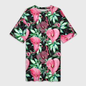 Платье-футболка 3D с принтом Цветы в райском саду в Кировске,  |  | вечерний | джунгли | калла | каллы | лианы | листва | листья | праздничный | райский | сад | темный | цветочки | цветочный | цветы