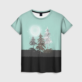 Женская футболка 3D с принтом Лес. Мозаичный узор  в Кировске, 100% полиэфир ( синтетическое хлопкоподобное полотно) | прямой крой, круглый вырез горловины, длина до линии бедер | бирюзовый | елка | ель | зима | картина | лес | луна горы | мозаика | новогодний | холмы