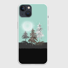 Чехол для iPhone 13 с принтом Лес. Мозаичный узор в Кировске,  |  | бирюзовый | елка | ель | зима | картина | лес | луна горы | мозаика | новогодний | холмы