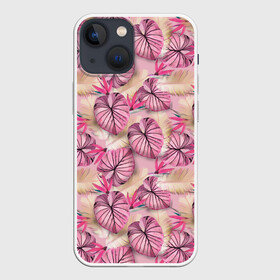 Чехол для iPhone 13 mini с принтом Розовый тропический узор в Кировске,  |  | бежевый | листья | пальмовые листья | розовые цветы | розовый | тропические цветы | цветочный