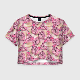 Женская футболка Crop-top 3D с принтом Розовый тропический узор в Кировске, 100% полиэстер | круглая горловина, длина футболки до линии талии, рукава с отворотами | бежевый | листья | пальмовые листья | розовые цветы | розовый | тропические цветы | цветочный