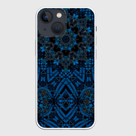 Чехол для iPhone 13 mini с принтом Черно синяя мандала . в Кировске,  |  | калейдоскоп | круглый | модный | орнамент | синий | современный | темно синий | этнический
