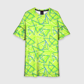 Детское платье 3D с принтом Абстрактный неоновый зеленый в Кировске, 100% полиэстер | прямой силуэт, чуть расширенный к низу. Круглая горловина, на рукавах — воланы | абстрактный | геометрический | детский | зеленый | летний | неоновый | ретро | треугольники