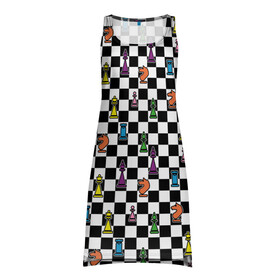 Платье-майка 3D с принтом Яркая шахматная доска в Кировске, 100% полиэстер | полуприлегающий силуэт, широкие бретели, круглый вырез горловины, удлиненный подол сзади. | клетка | орнамент | паттерн | спорт | узор | цветной | черно белая клетка | черно белое | черно белый принт | шахматная доска | шахматная клетка | шахматные фигуры | шахматы