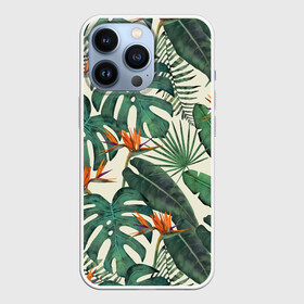Чехол для iPhone 13 Pro с принтом Тропический паттерн в Кировске,  |  | Тематика изображения на принте: азия | акварель | акварельный | банановые листья | ботанический | винтажный | зеленый | иллюстрация | лес | летний | лето | монстера | оранжевый | отпуск | пальмовые листья | стрелиция | тропики