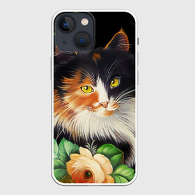 Чехол для iPhone 13 mini с принтом Трёхцветная кошка в Кировске,  |  | декоративная роспись | живопись | жостовская роспись | кошка | кошка трехцветная | цветы