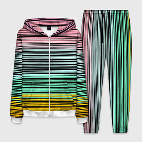 Мужской костюм 3D с принтом Модный полосатый узор  в Кировске, 100% полиэстер | Манжеты и пояс оформлены тканевой резинкой, двухслойный капюшон со шнурком для регулировки, карманы спереди | желтый | модный | молодежный | разноцветные линии | разноцветный полосатый | розовый | салатовый | современный