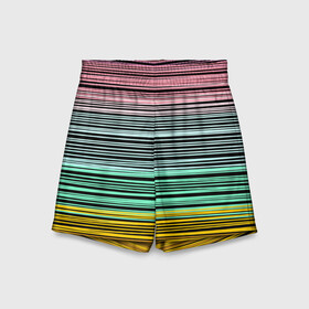 Детские спортивные шорты 3D с принтом Модный полосатый узор  в Кировске,  100% полиэстер
 | пояс оформлен широкой мягкой резинкой, ткань тянется
 | желтый | модный | молодежный | разноцветные линии | разноцветный полосатый | розовый | салатовый | современный
