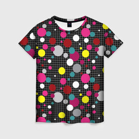 Женская футболка 3D с принтом Разноцветный горох на черном  в Кировске, 100% полиэфир ( синтетическое хлопкоподобное полотно) | прямой крой, круглый вырез горловины, длина до линии бедер | в горох | детский | для детей | желтый горох | клетка | красный | малышам | мальчиковый узор | разноцветный горох | темный | черный
