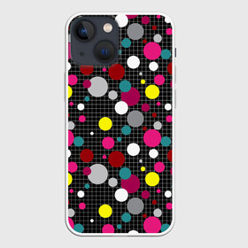 Чехол для iPhone 13 mini с принтом Разноцветный горох на черном в Кировске,  |  | в горох | детский | для детей | желтый горох | клетка | красный | малышам | мальчиковый узор | разноцветный горох | темный | черный