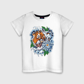 Детская футболка хлопок с принтом Тигр в цветах в Кировске, 100% хлопок | круглый вырез горловины, полуприлегающий силуэт, длина до линии бедер | волны | голова тигра | дикая кошка | животные | крупная кошка | тигр | хищник | хризантема | цветы